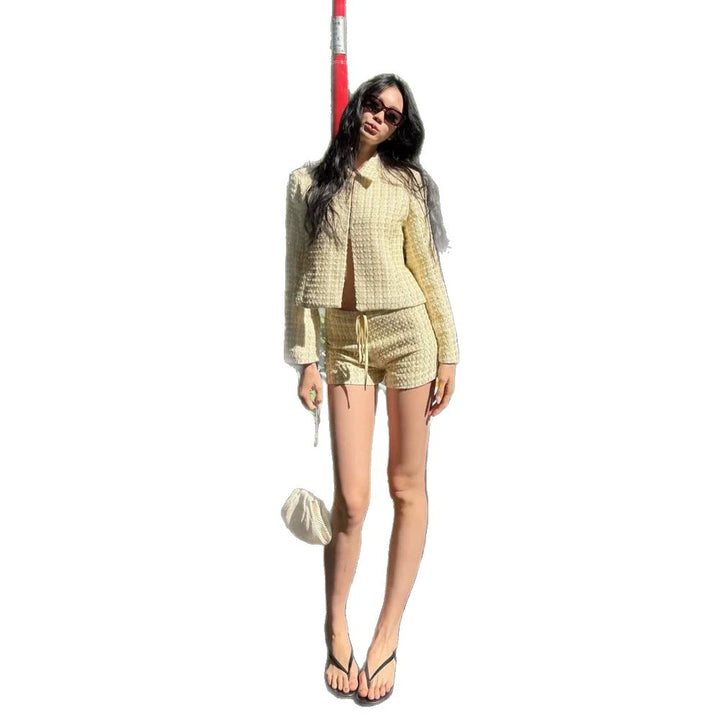 Women Two-Piece Boucle Set with Short Jacket and Drawstring Shorts Amarae