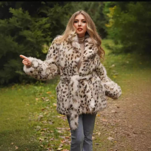 Elegant faux fur coat for women with belt and leopard print Amarae