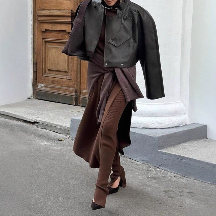 Ladies Elegant Leather Jacket with Textured Design and Asymmetrical Cut Lune London
