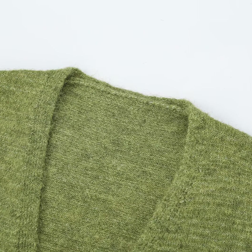 Women's Oversized Knit Cardigan with Balloon Sleeves and Striped Trim Button Placket Amarae