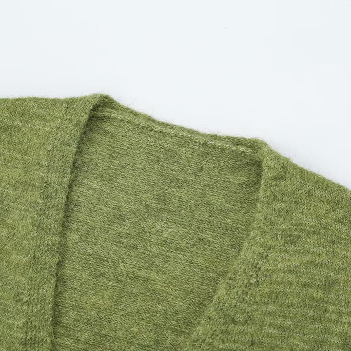 Women's Oversized Knit Cardigan with Balloon Sleeves and Striped Trim Button Placket Amarae