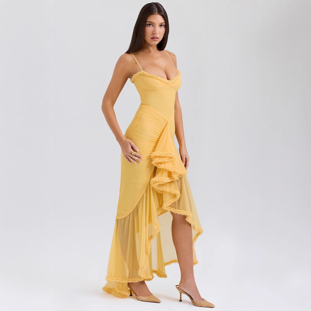 Women Bodycon Evening Dress with Ruffles and Side Slit Lune London