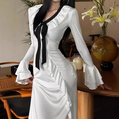 Ladies Elegant Maxi Dress with Ruffle Details and Chic Elegant Tie Ribbon