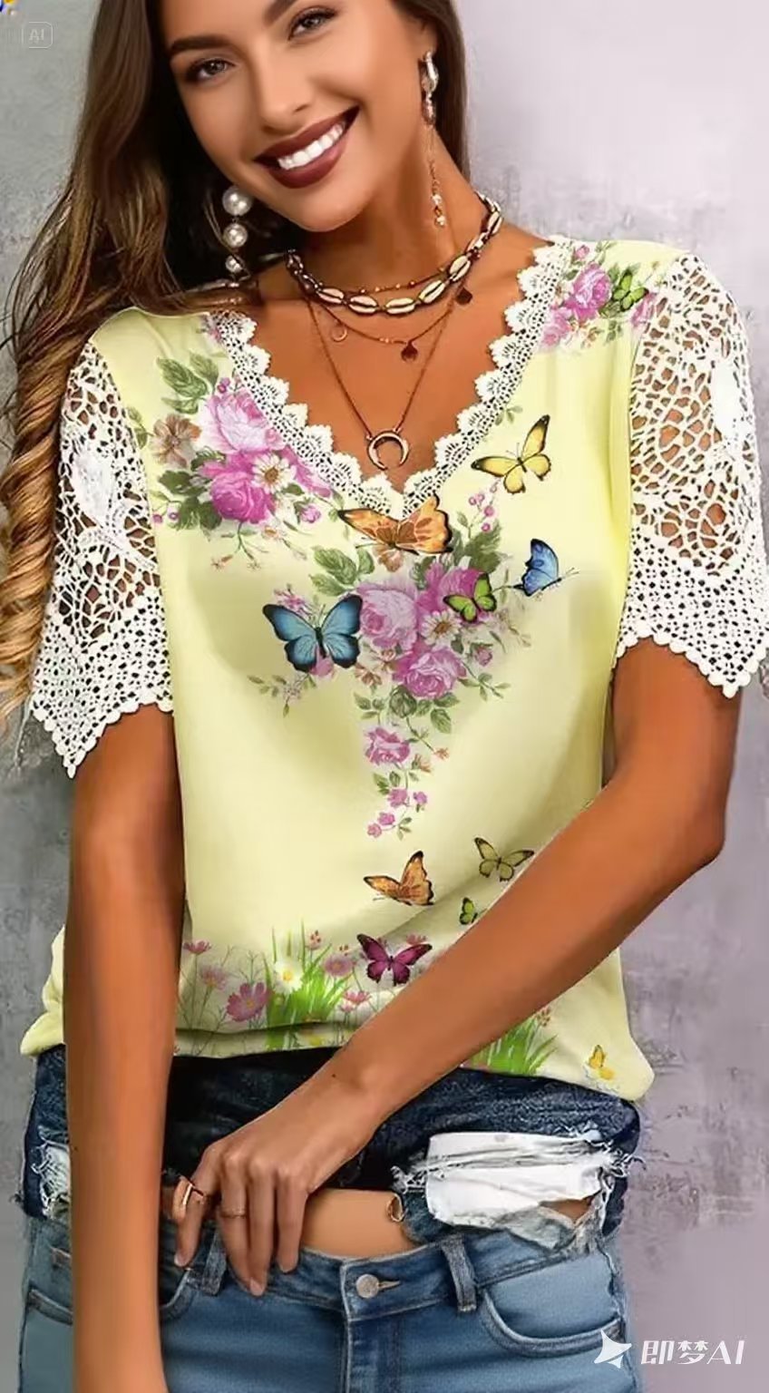 Women's blouse with floral lace and playful butterfly print Lune London