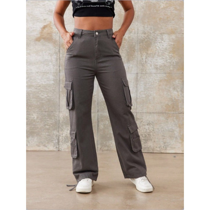 Women High-Waisted Utility Cargo Pants with Straight Leg, Multiple Flap Pockets & Adjustable Hem Amarae