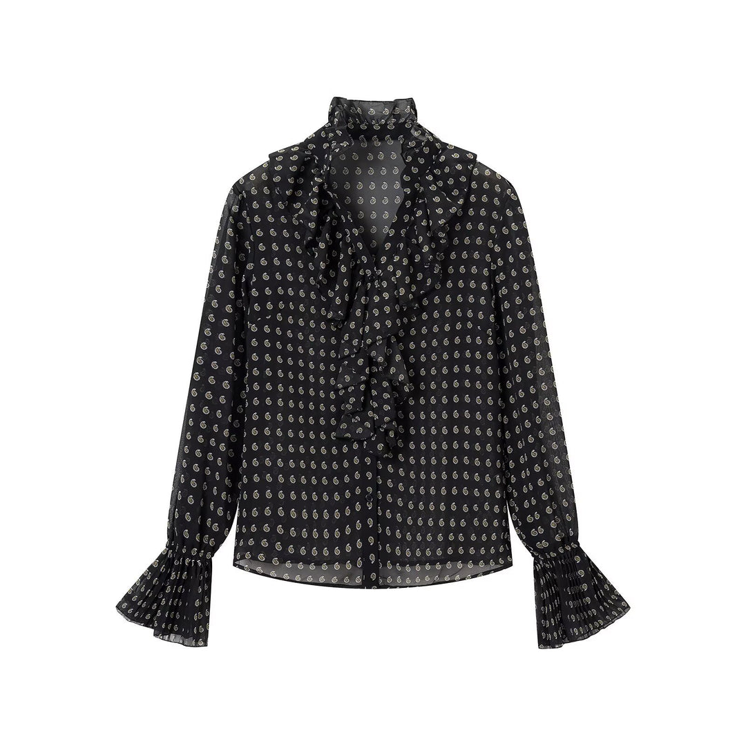 Women's chiffon blouse with ruffled collar, tie scarf and pleated bell sleeves Amarae