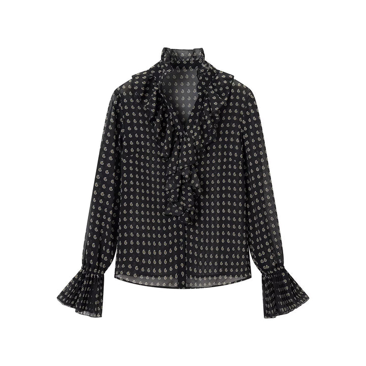 Women's chiffon blouse with ruffled collar, tie scarf and pleated bell sleeves Amarae