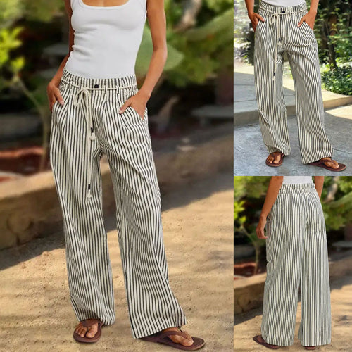 Ladies Comfortable Beach Pants with Casual Striped Pattern and Woven Belt Amarae