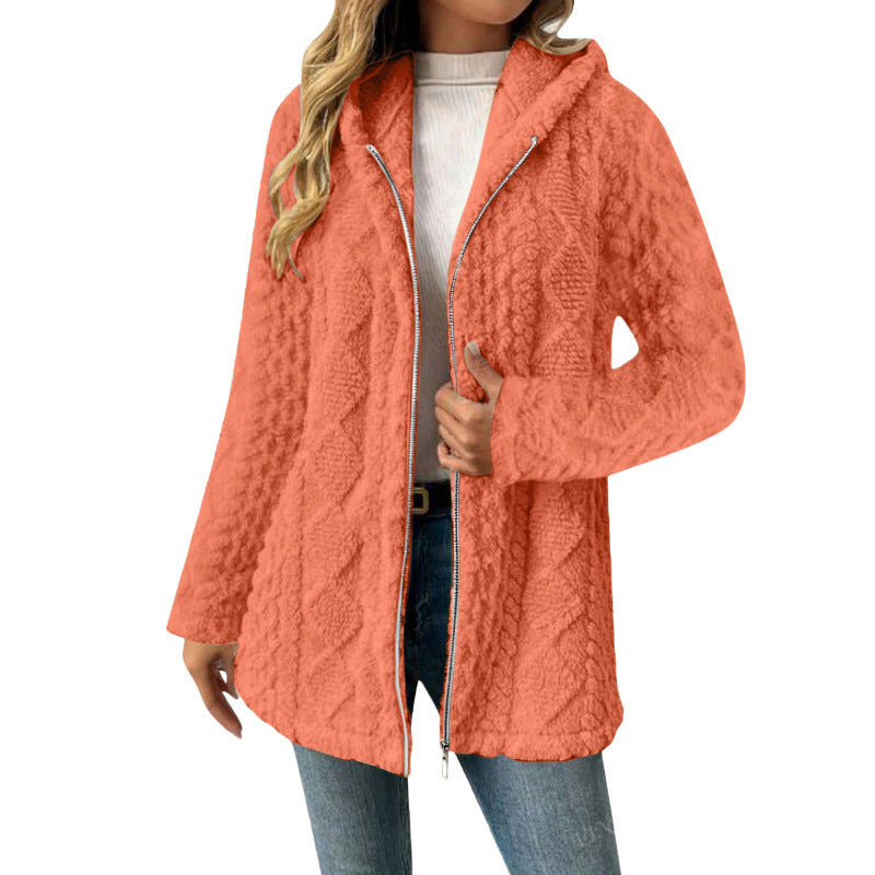 Women's Hooded Sherpa Jacket with Cable Pattern, Medium Length and Two-Way Zipper Amarae