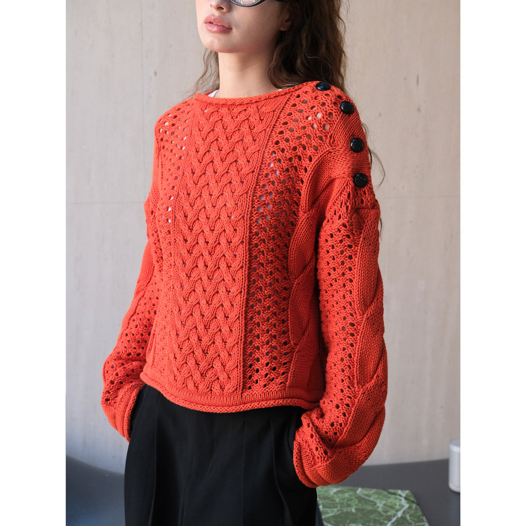 Women Structured Lace and Braided Knit Sweater with Shoulder Buttons Amarae