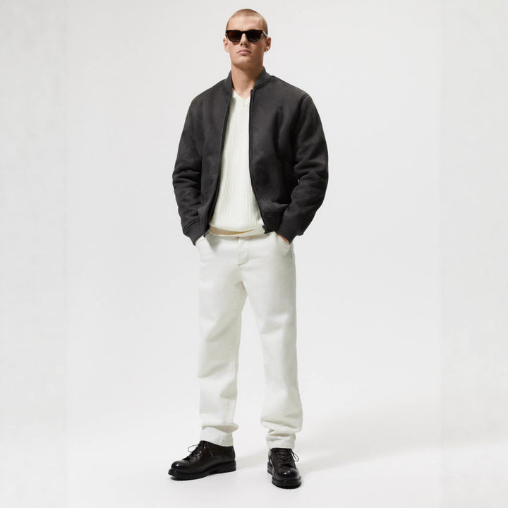 Men's short bomber jacket made of soft velour imitation with ribbed collar and zippered pockets Amarae