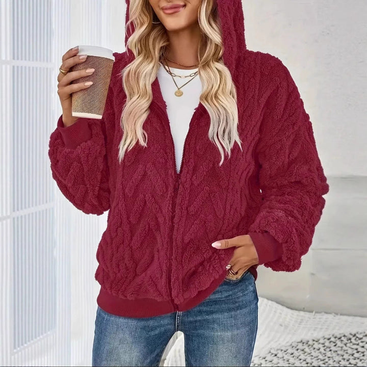 Ladies Cozy Fleece Jacket with High Collar and Chic Knit Pattern