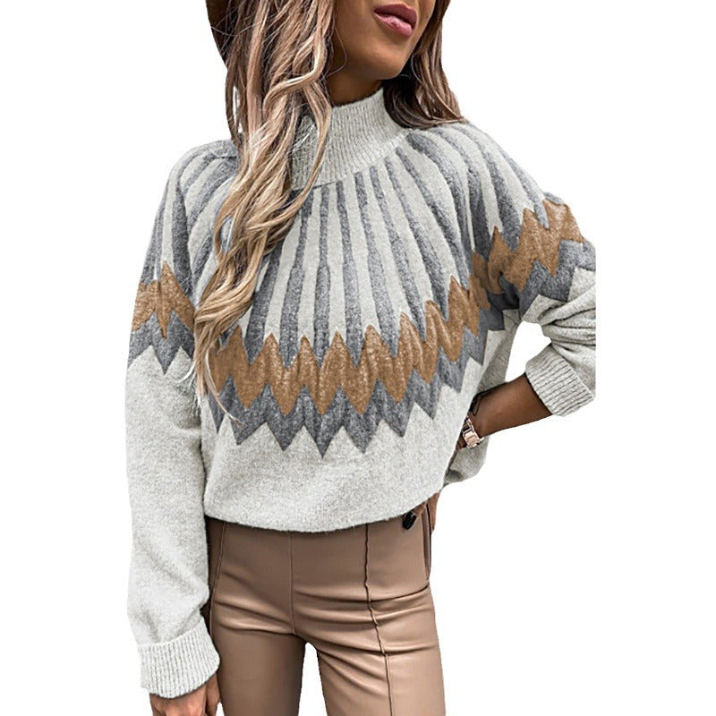 Lune London Thick Knit Sweater for Women with Intense Graphic Design and High Collar