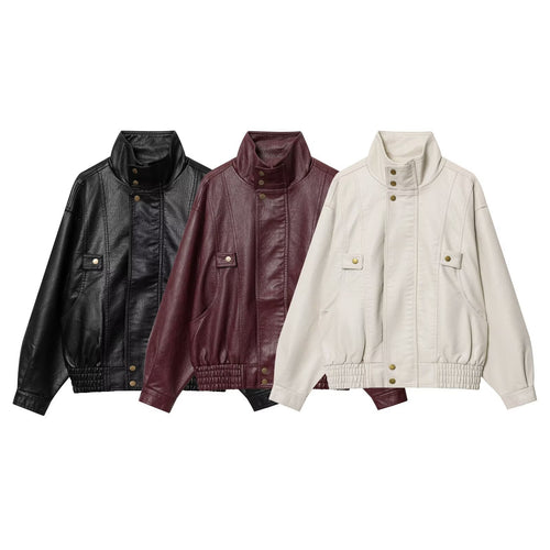 Casual faux leather jacket for women with high collar and width adjustment Amarae