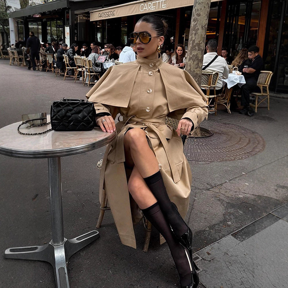 Women Long Trench Coat with Capelet, Waist Belt and Storm Collar Amarae