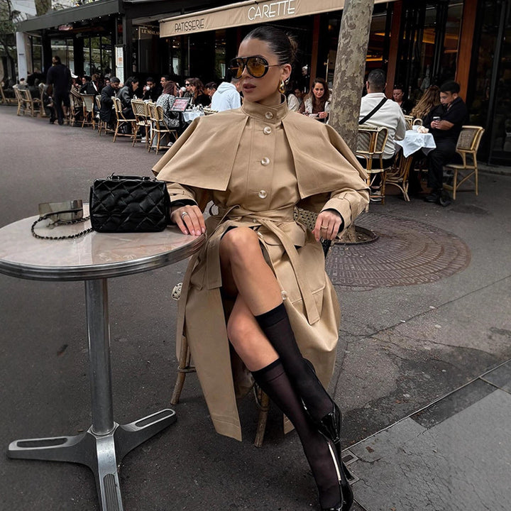 Women Long Trench Coat with Capelet, Waist Belt and Storm Collar Amarae