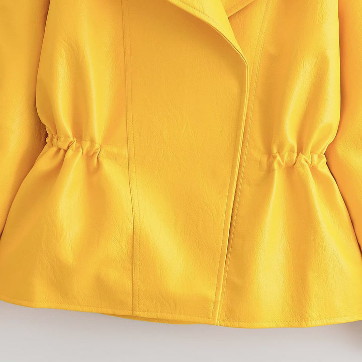 Women Short Faux Leather Jacket with Asymmetrical Lapel and Tailored Drawstring Amarae