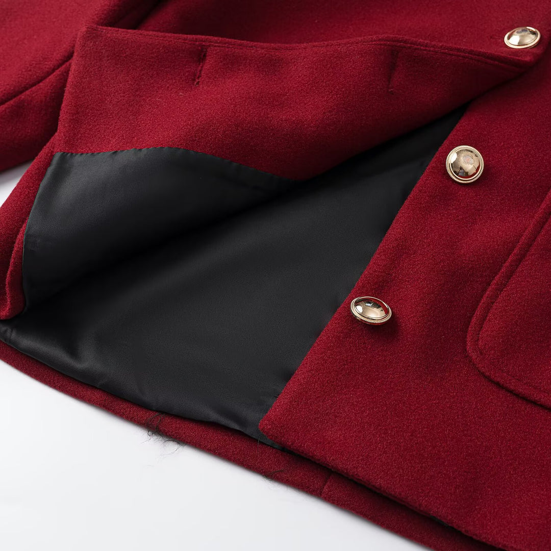 Women's cropped wool blend jacket with round neck, patch pockets and gold decorative buttons Amarae