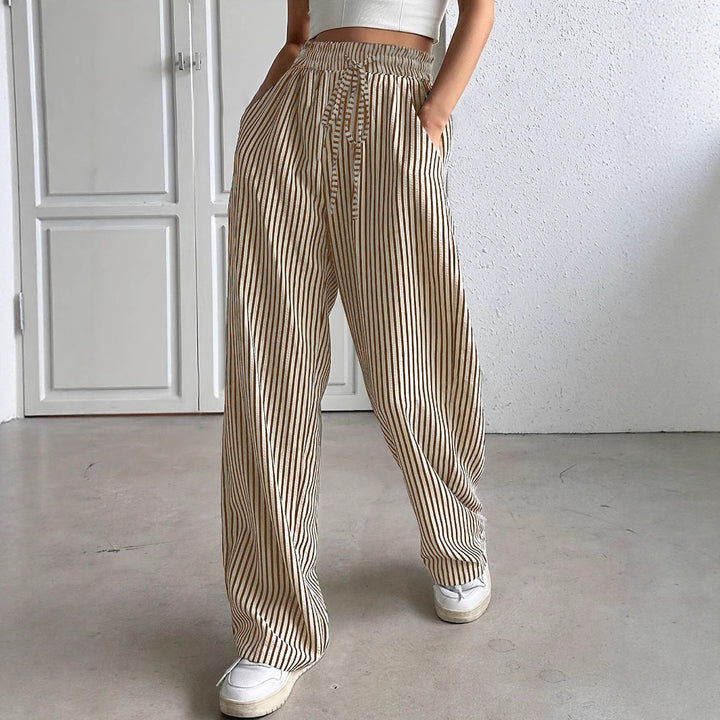 Wide striped pants for women with elastic waist and practical pockets Lune London