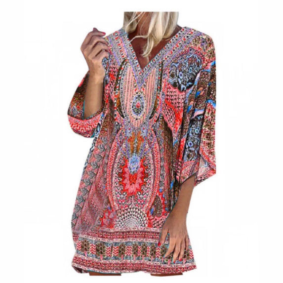 Light kaftan dress for women with a deep V-neckline and bell sleeves Lune London