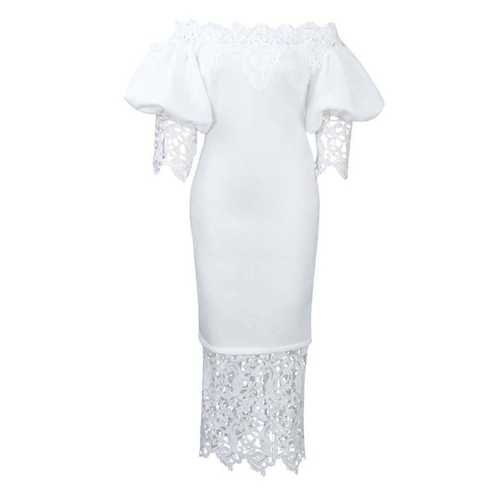 Maxi off-shoulder dress for women with lace accents and a flattering silhouette for Lune London