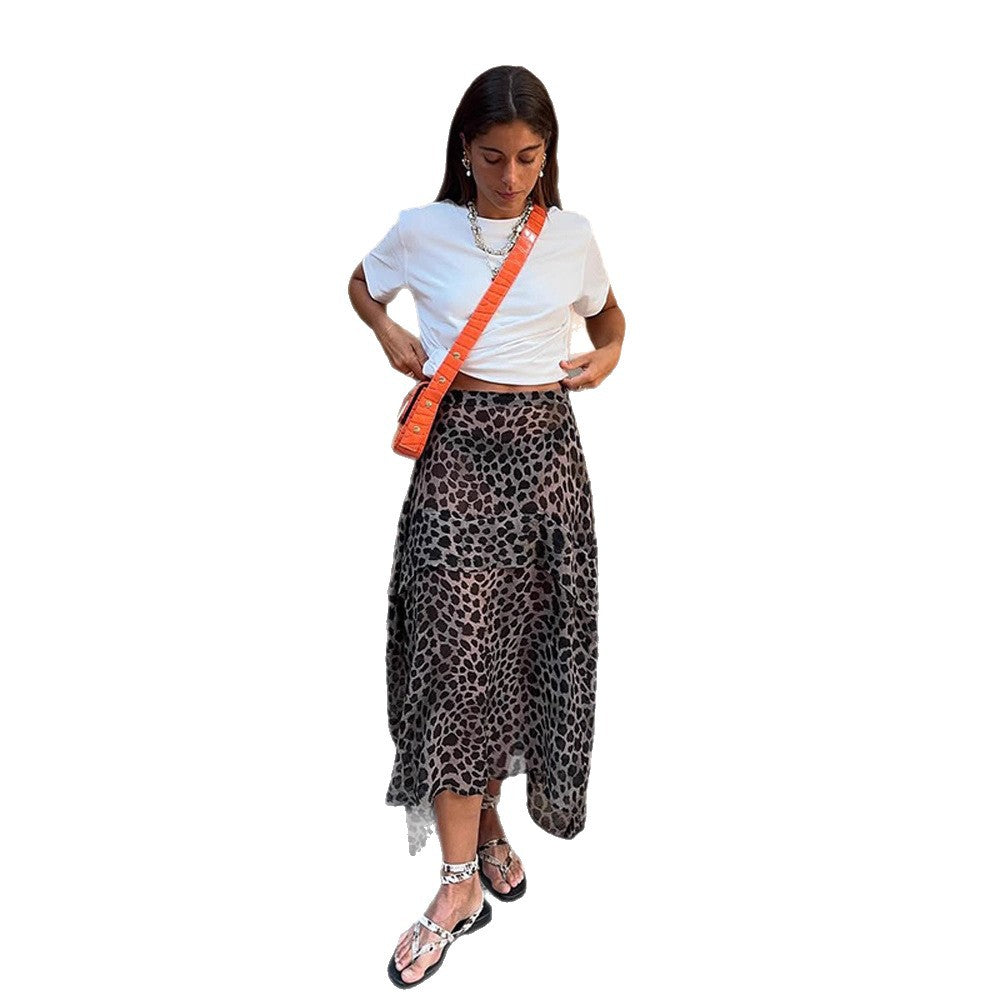 Women's Light Chiffon Midi Skirt with Asymmetrical Hem & Leo Print Amarae