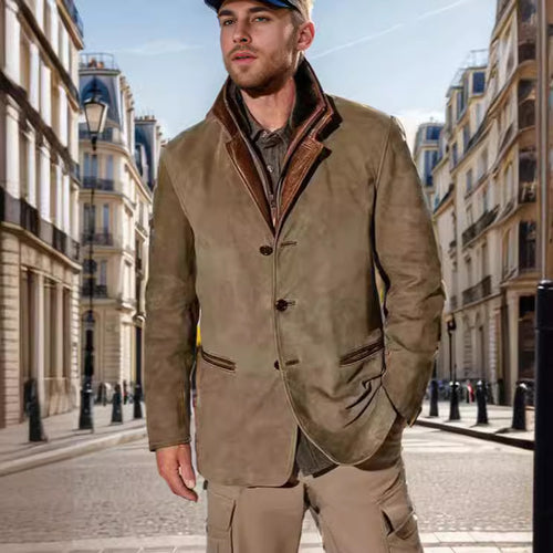 Stylish suede jacket for men with contrasting collar and practical pockets Amarae