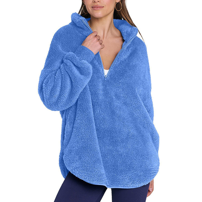 Women Fluffy Oversized Sherpa Pullover with Half Zip and Kangaroo Pockets Amarae