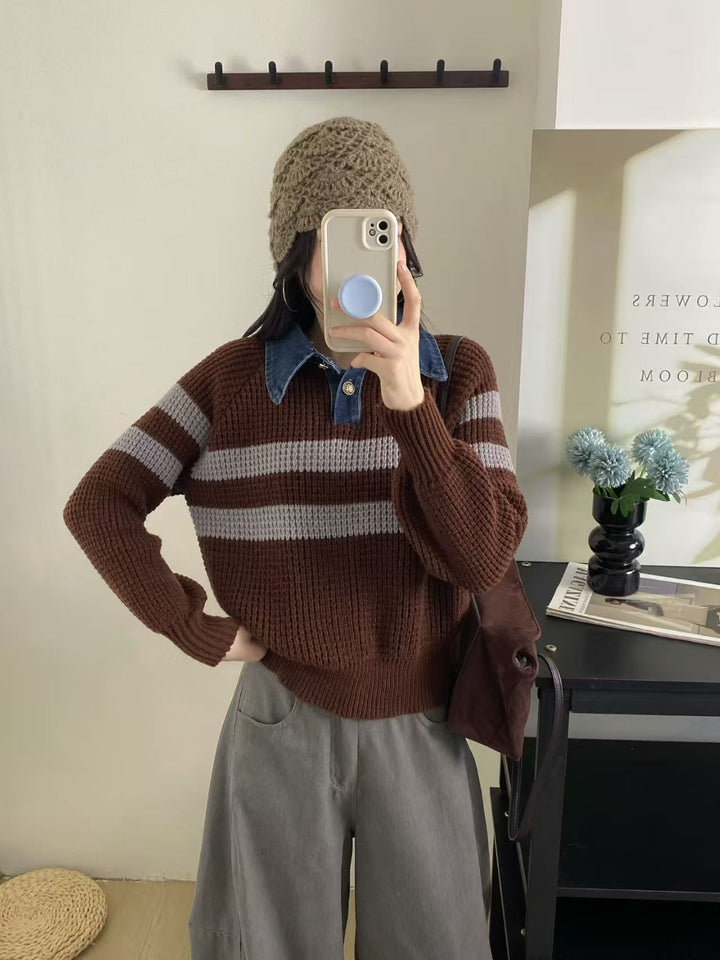 Pull en tricot décontracté pour femmes avec col et design rayé Chic & Stil