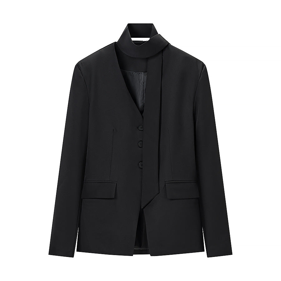 Women's Tailored V-Neck Blazer with Integrated Bow and Flap Pockets Amarae