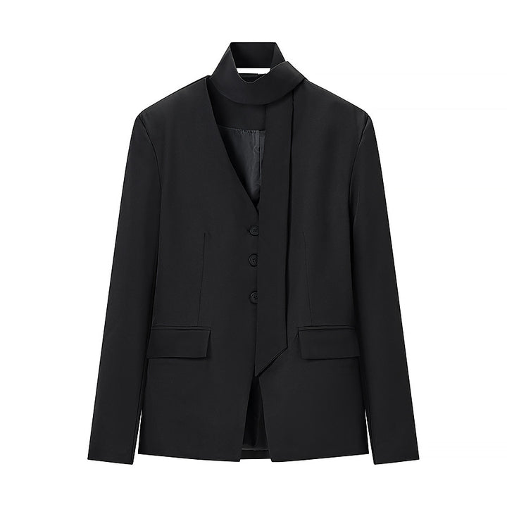 Women's Tailored V-Neck Blazer with Integrated Bow and Flap Pockets Amarae