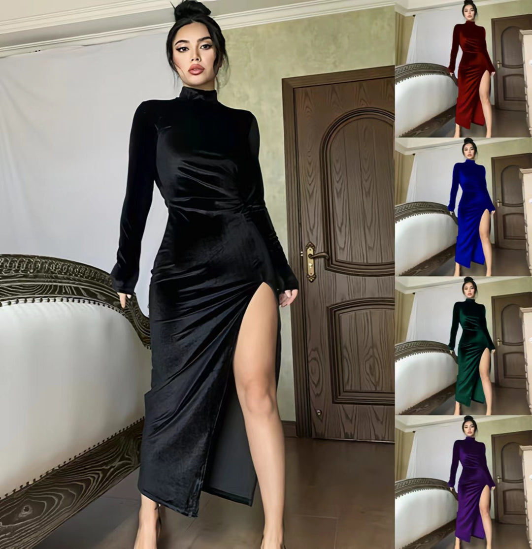 Women Elegant maxi dress with closed top design and side slit Lune London