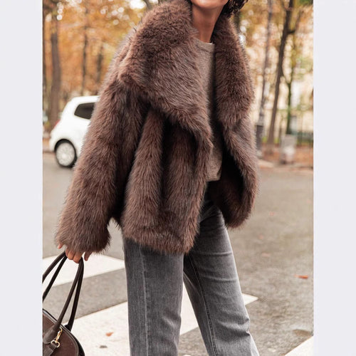 Ladies Elegant Faux Fur Coat with a Voluminous Collar Amarae