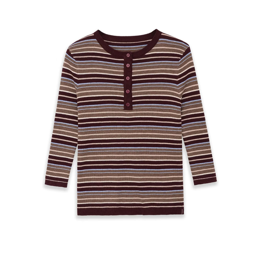 Women's fine knit Henley shirt with fine stripe structure and button placket Amarae