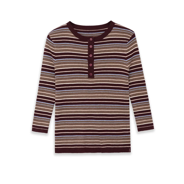 Women's fine knit Henley shirt with fine stripe structure and button placket Amarae