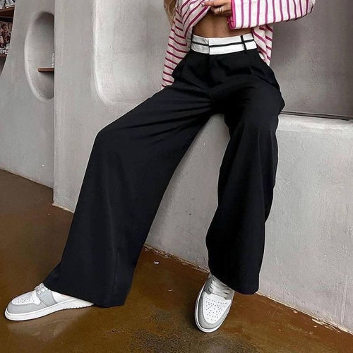 Pantalons larges en tissu pour femmes avec taille élastique et ceinture contrastante Chic & Stil