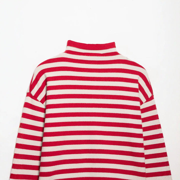 Women Striped Cropped Knitted Cardigan with Stand-up Collar Amarae