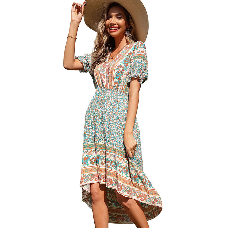 Boho midi dress for women with asymmetrical hem and striking print Lune London