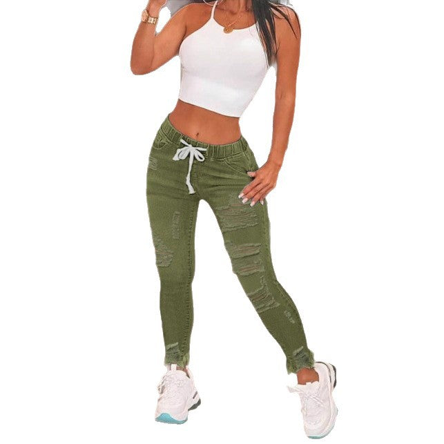 Women's waist-accentuated denim joggers with drawstring, ripped details & sculpting effect Amarae