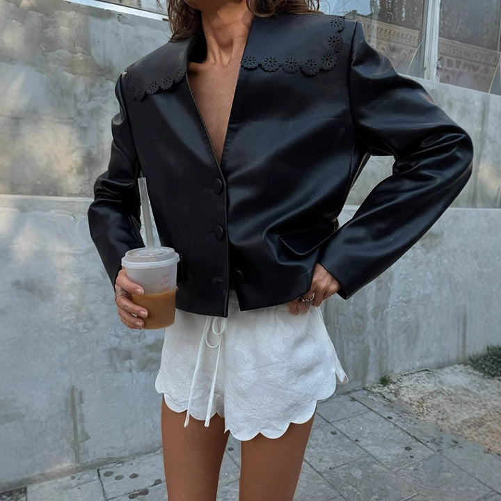 Women’s short jacket made of faux leather with floral laser-perforated collar and boxy cropped cut Amarae