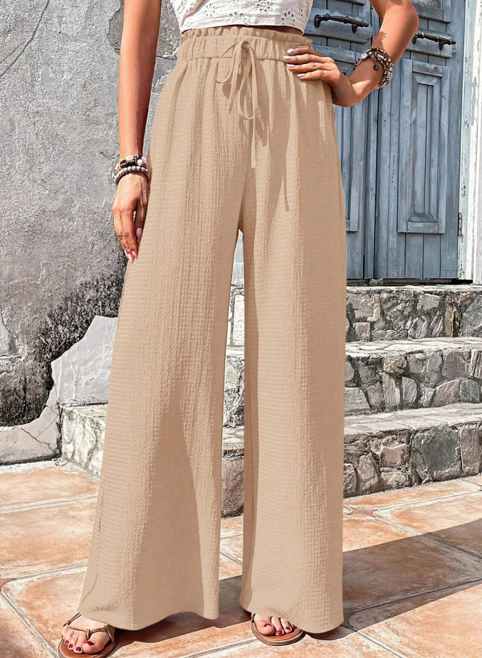 Women Lightweight Palazzo Pants with Crinkle Texture, High Smocked Waist and Drawstring Amarae