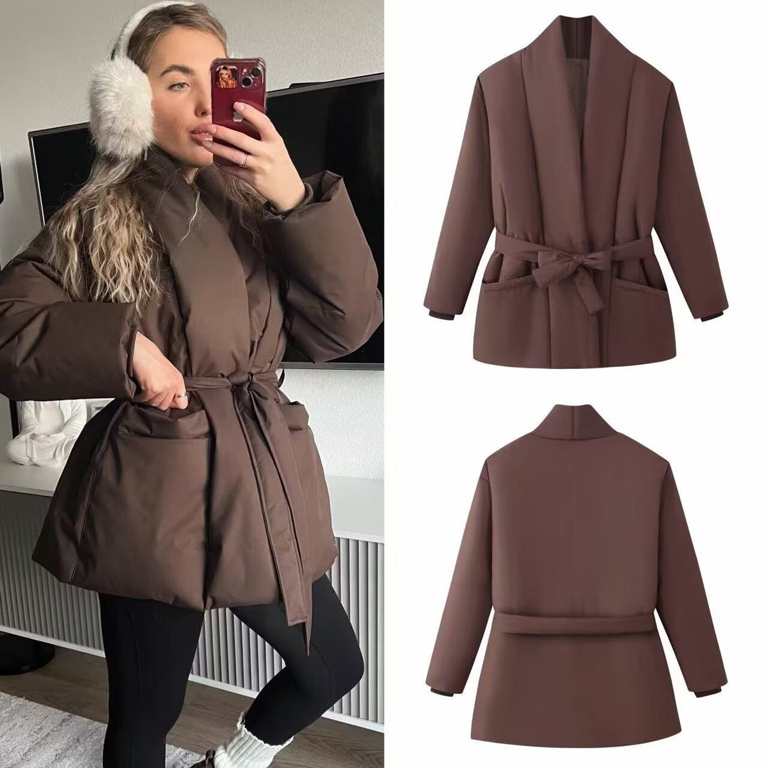 Ladies Quilted Short Jacket with Shawl Collar and Waist Belt Amarae