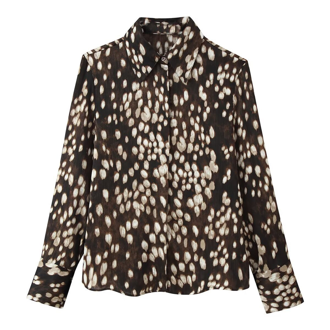 Women's Silk-like Shirt Blouse with Polka Dot Print and Concealed Button Placket Amarae