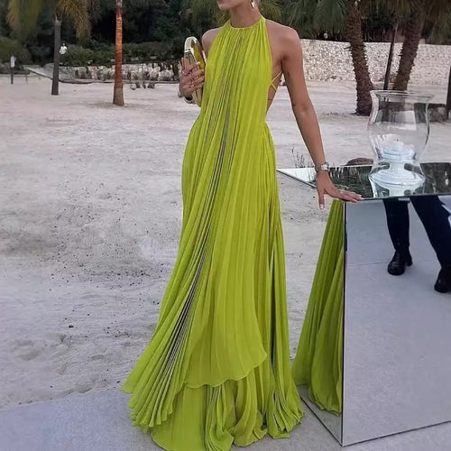 Women's Floor-Length Pleated Maxi Dress with Deep Back Cut and Elegant Straps