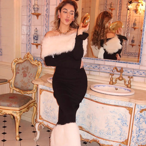 Women's fitted off-shoulder midi dress with faux fur trim at neckline and hem Amarae