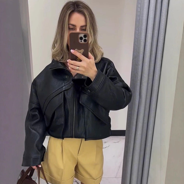 Women's Oversize Bomber Jacket made of textured faux leather with overlapping flap front Amarae