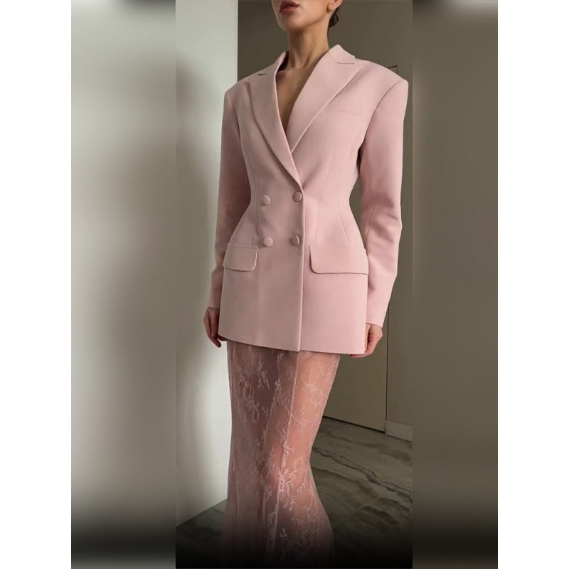 Women Tailored Double-Breasted Blazer with Emphasized Waist and Flap Pockets Amarae