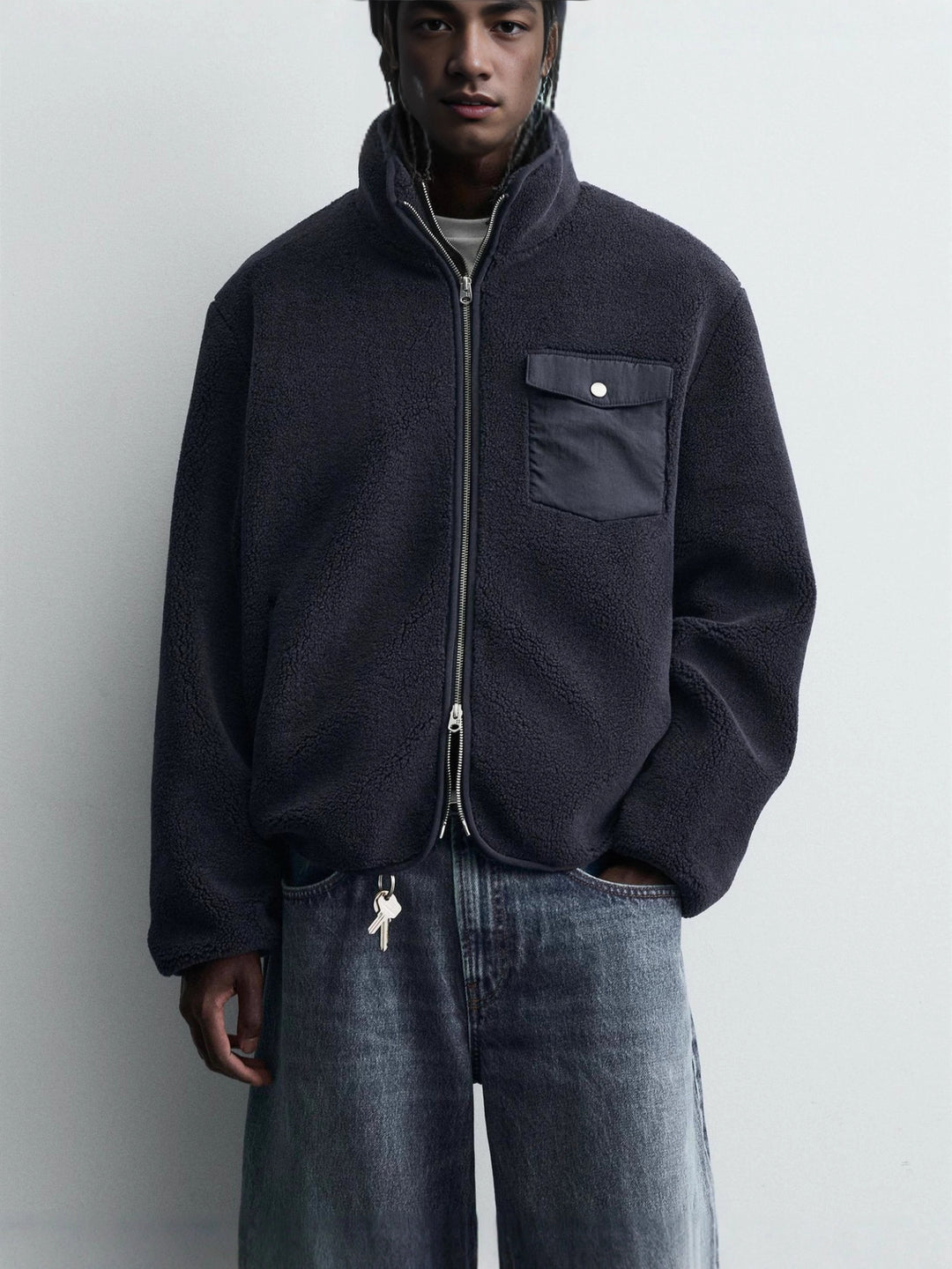 Men's Fleece Jacket with Stand-Up Collar, Two-Way Zipper and Flap Pocket Amarae