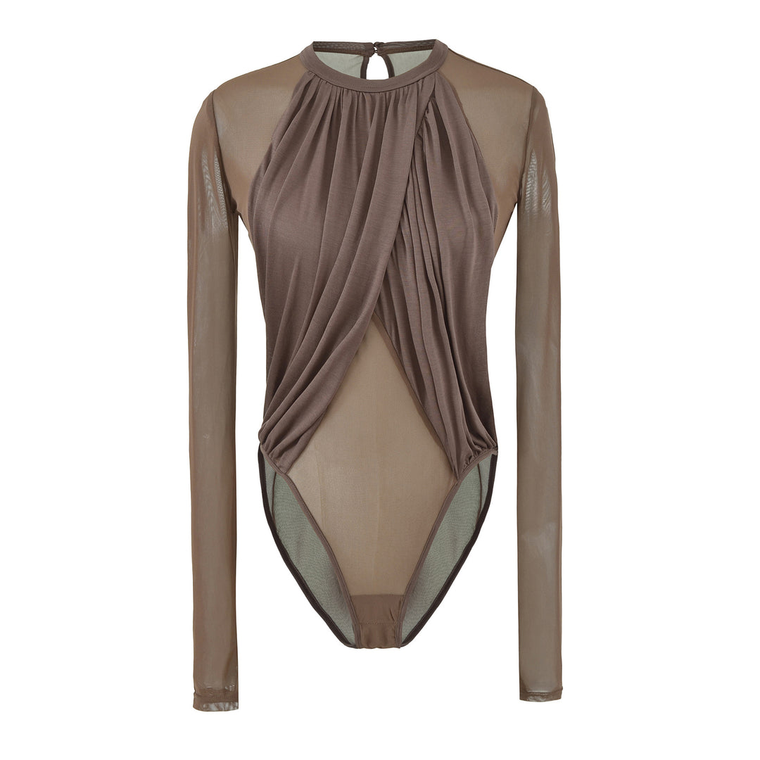 Women's Draped Mesh Bodysuit with Gathered Front