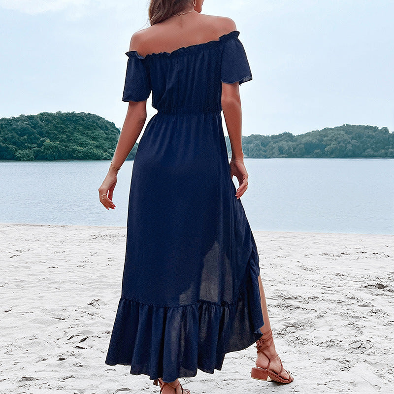 Maxi dress with off-the-shoulder neckline, button closure, and ruffled trim Lune London